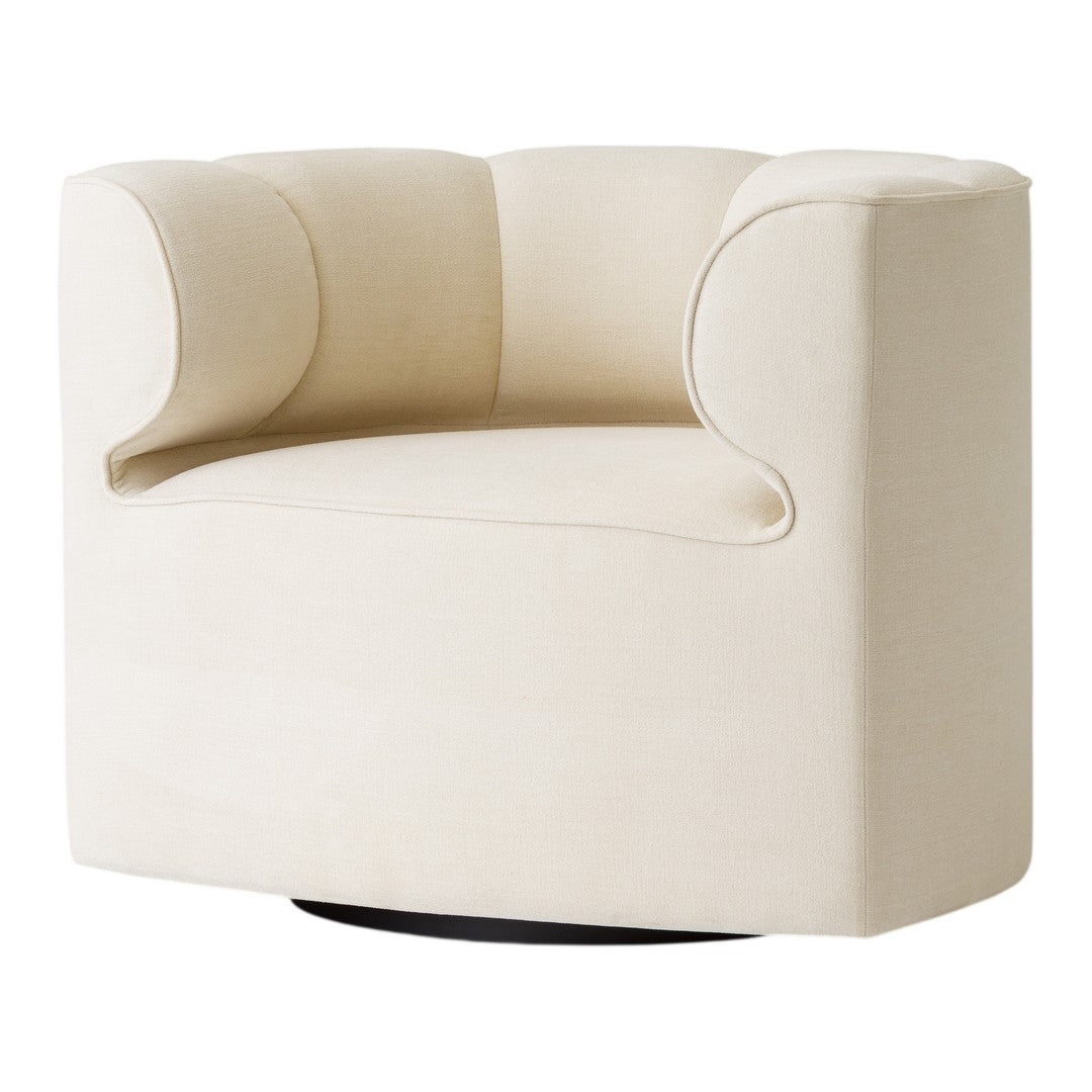 Cream-colored upholstered swivel chair with a smooth, minimalist design and soft, rounded edges.