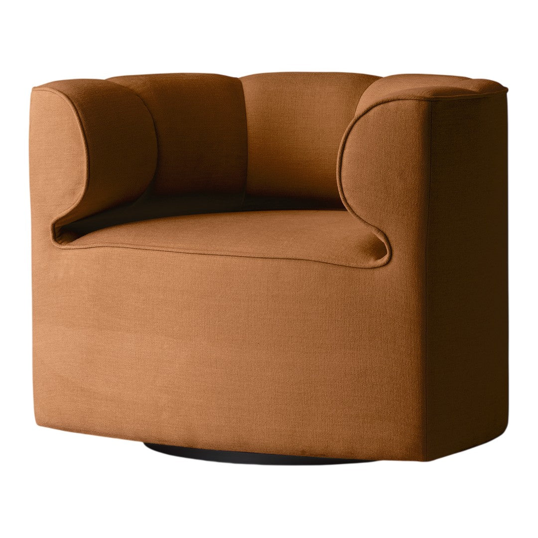 Rust-colored swivel chair with smooth fabric and rounded arms, featuring a solid, minimalist design.