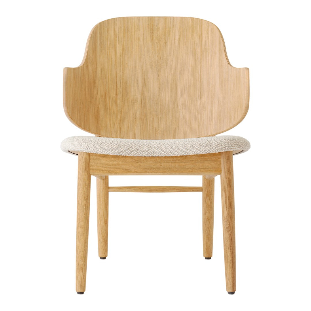 Light oak wooden chair with a natural finish and soft cream upholstered seat, featuring a minimalist design.