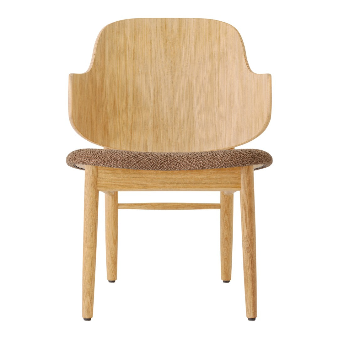 Natural wood chair with a light oak finish and a soft, textured brown seat cushion. Minimalist design.