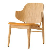 Natural wood chair with a smooth, light oak finish and a vibrant orange seat cushion. Modern and minimalist design.
