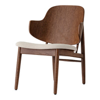 Wooden chair with a rich brown finish and a beige cushioned seat, featuring a minimalist design.