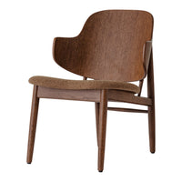 Brown wooden chair with a textured light brown upholstered seat and a smooth, curved backrest design.
