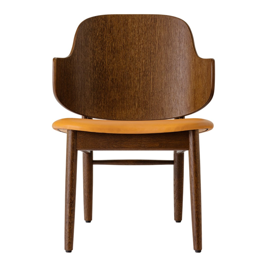 Mid-century modern chair featuring a warm brown wood finish and a contrasting light tan seat.