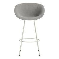 Soft gray fabric bar stool with a smooth, rounded seat and white metal legs. Elegant and modern design for any space.