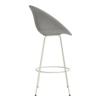 Gray upholstered bar stool with a sleek modern design and white metal legs. Perfect for contemporary spaces.