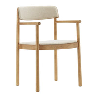 Light beige upholstered chair with natural wood frame and simple, clean lines. Ideal for modern decor.