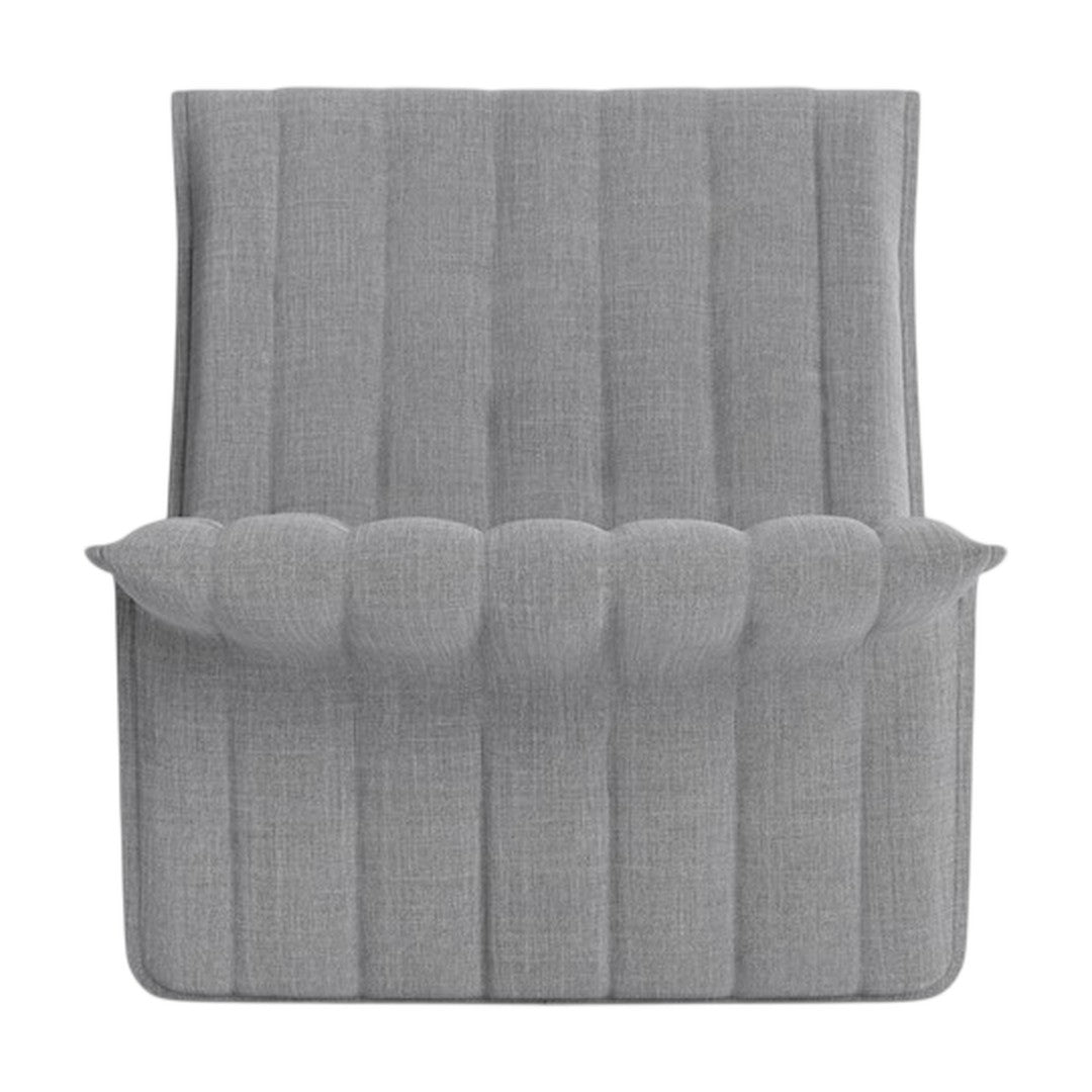 Gray upholstered chair with a sleek, striped pattern for a modern touch in any living space.