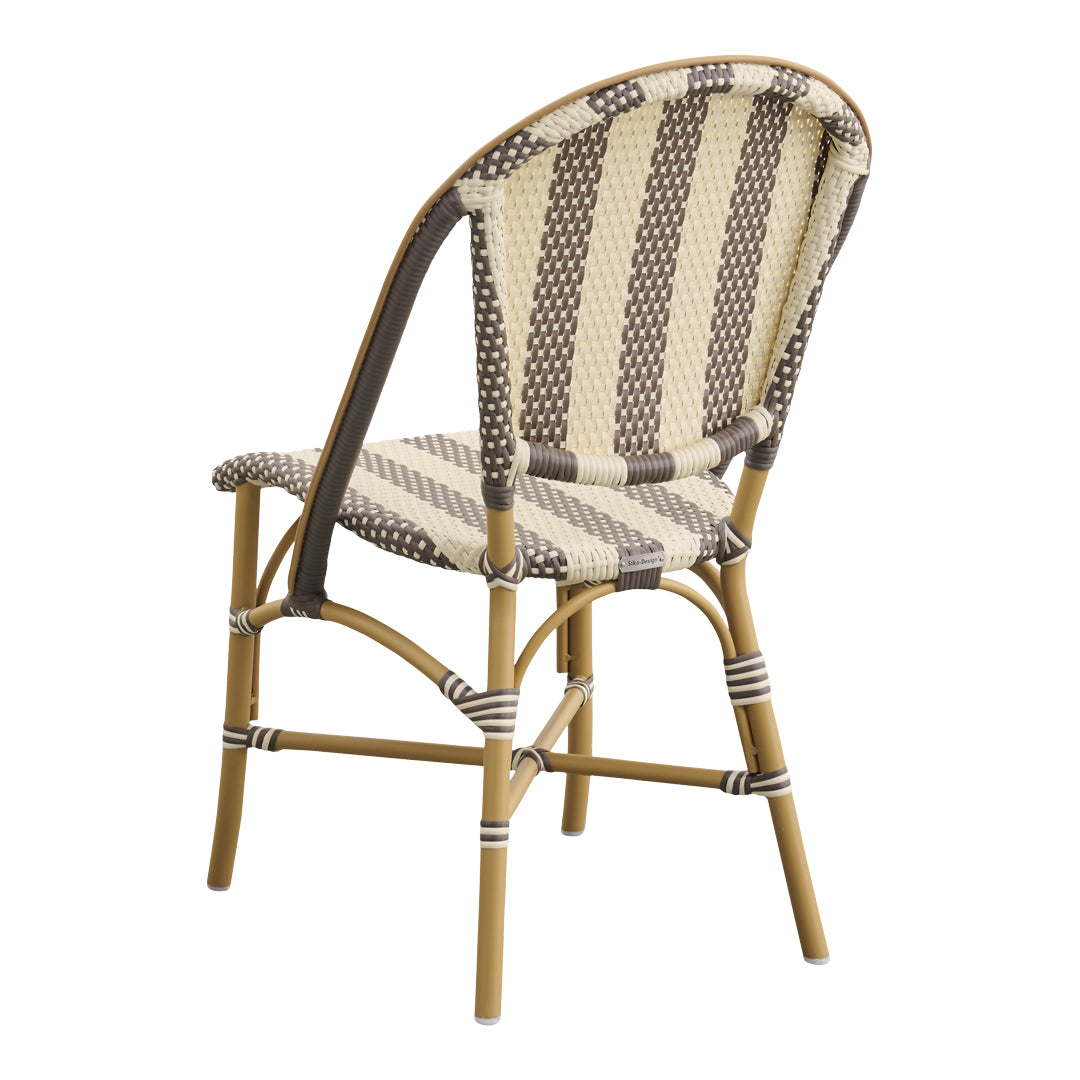 "Handwoven chair featuring alternating beige and brown stripes with a natural bamboo frame."