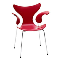 Red modern chair with sleek curves and a glossy finish, complemented by chrome legs. Ideal for contemporary decor.