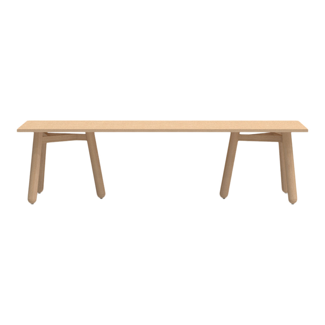 Natural wood bench with a light beige finish and minimalist design, showcasing smooth surfaces and angled legs.