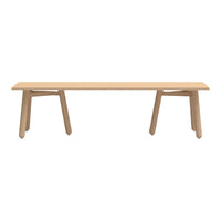 Natural wood bench with a light beige finish and minimalist design, showcasing smooth surfaces and angled legs.