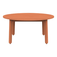Round coffee table in warm terracotta color with smooth surface and clean legs, adding a modern touch to any space.