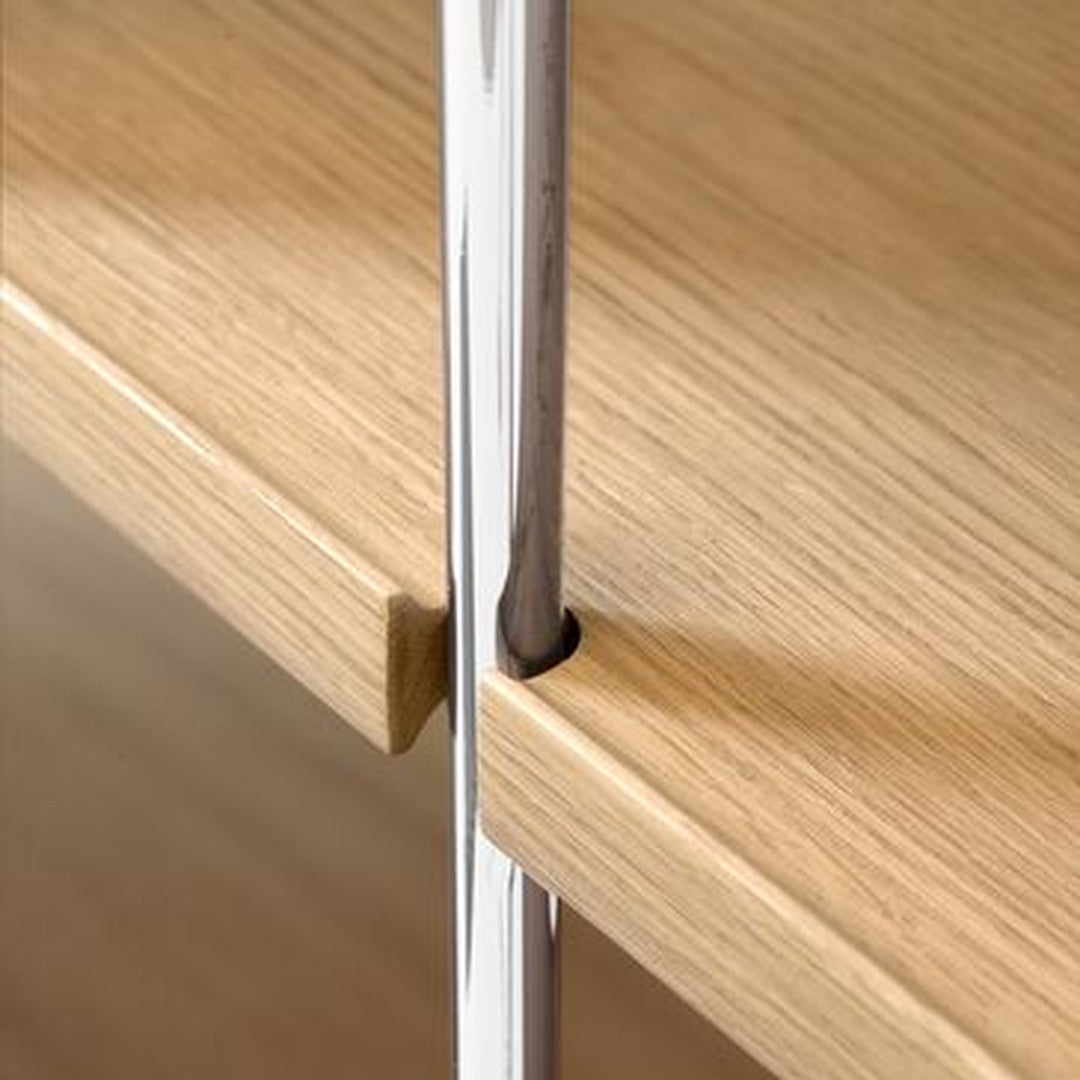 Natural oak wood grain with sleek chrome accents, showcasing a modern, minimalist design.