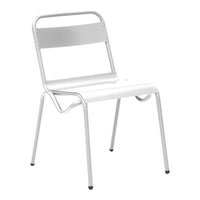 Minimalist white metal chair with a sleek design and smooth surfaces, perfect for modern decor.
