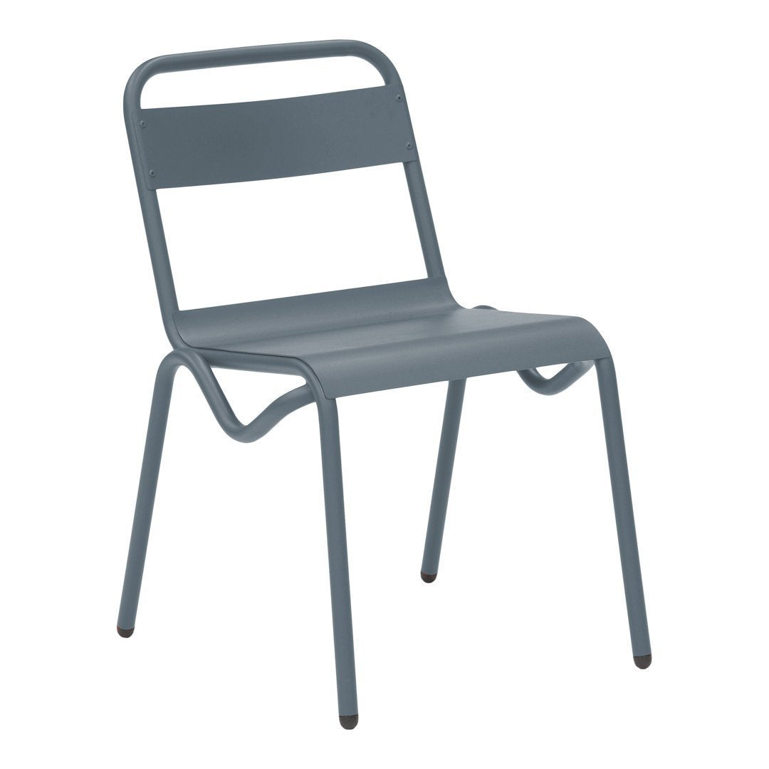 Simple gray metal chair with a sleek, modern design and clean lines, ideal for various indoor and outdoor settings.
