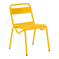 Bright yellow metal chair with a sleek, minimalist design and smooth finishes. Perfect for modern spaces.