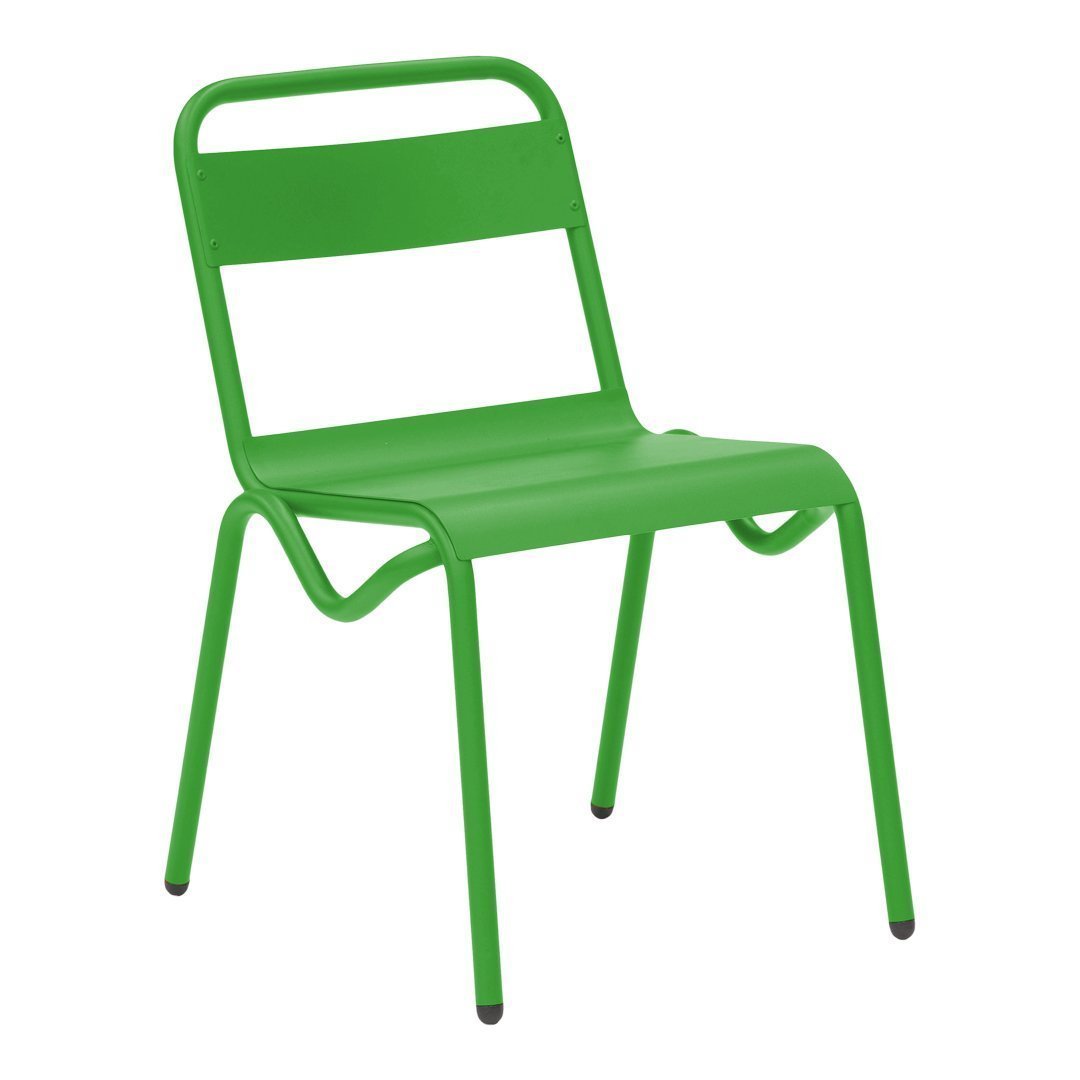 Green metal chair with a sleek design and minimalist style, featuring a solid color and smooth finish.