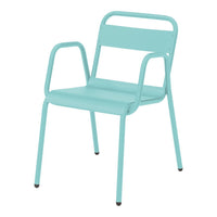 Mint green metal chair with a minimalistic design and clean lines, perfect for modern decor.