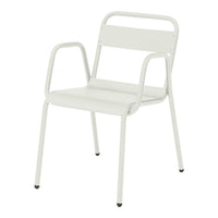 White metal chair with a minimalist design, featuring smooth lines and no patterns. Perfect for modern decor.