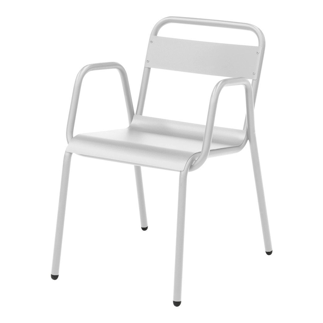 White metal chair with a sleek, minimalist design and smooth finish, featuring no patterns for a modern look.