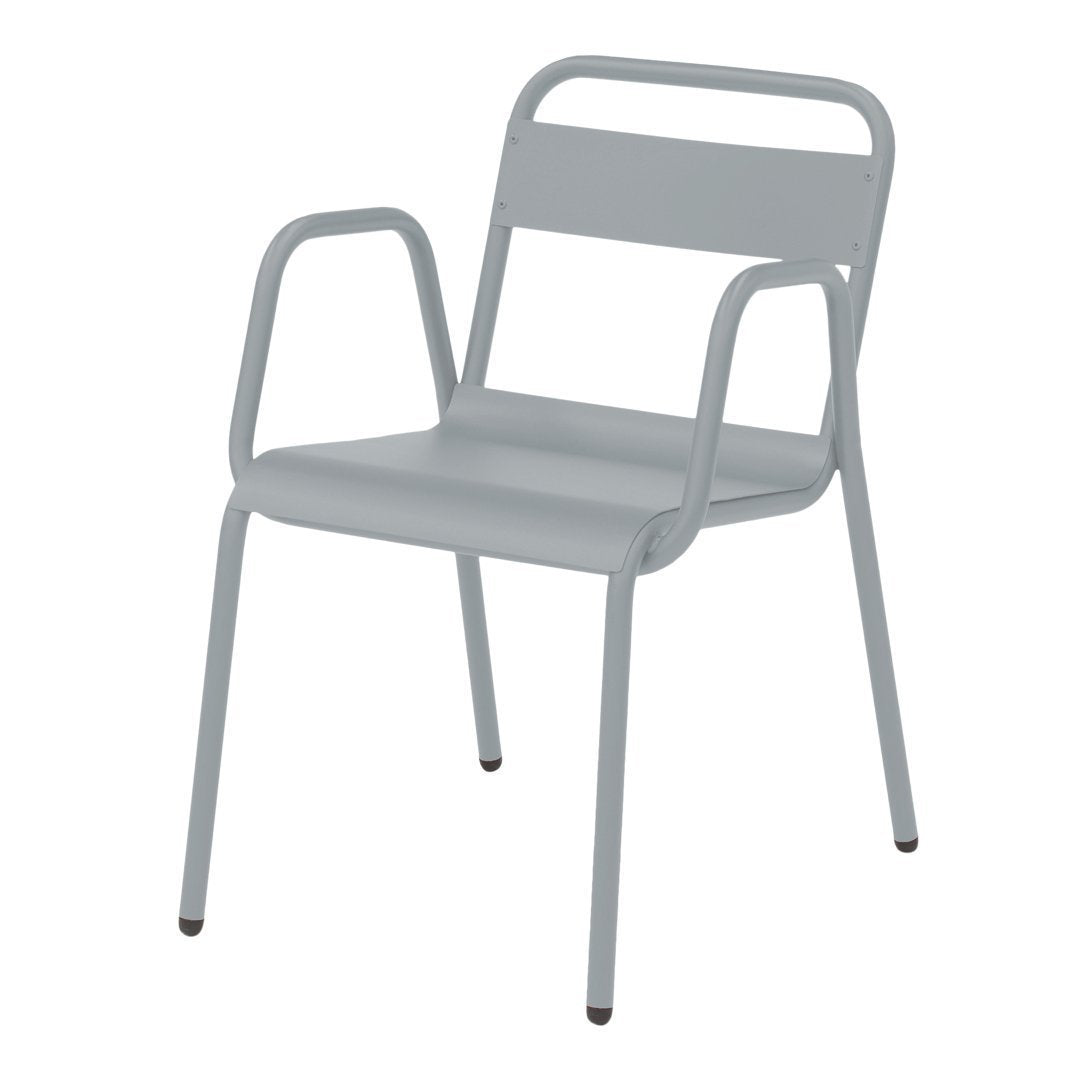 Light gray metal chair with a minimalist design, featuring smooth surfaces and a modern silhouette. Perfect for any space.