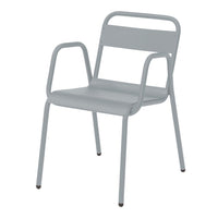 Light gray metal chair with a minimalist design, featuring smooth surfaces and a modern silhouette. Perfect for any space.