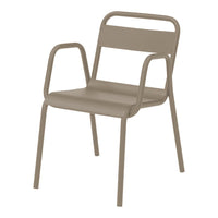 Tan metal chair with a minimalist design and smooth, solid finish. Perfect for modern outdoor or indoor decor.