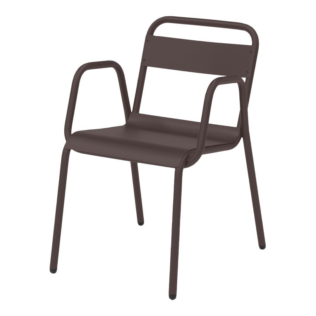 Brown metal armchair with a minimalist design and smooth matte finish. Perfect for modern outdoor or indoor decor.