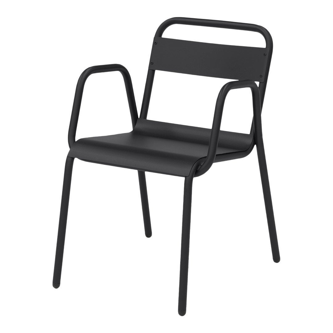 Black metal chair with sleek lines and minimalist design, featuring a solid backrest and armrests.