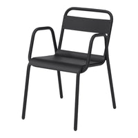 Black metal chair with sleek lines and minimalist design, featuring a solid backrest and armrests.