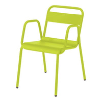 Bright green metal chair with a sleek, minimalist design and smooth finish. Perfect for modern decor.