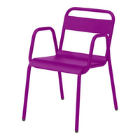 Vibrant purple metal chair with a simple, modern design and clean lines, perfect for indoor or outdoor use.