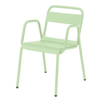 Mint green metal chair with a simple, modern design and smooth, matte finish. Ideal for indoor or outdoor use.