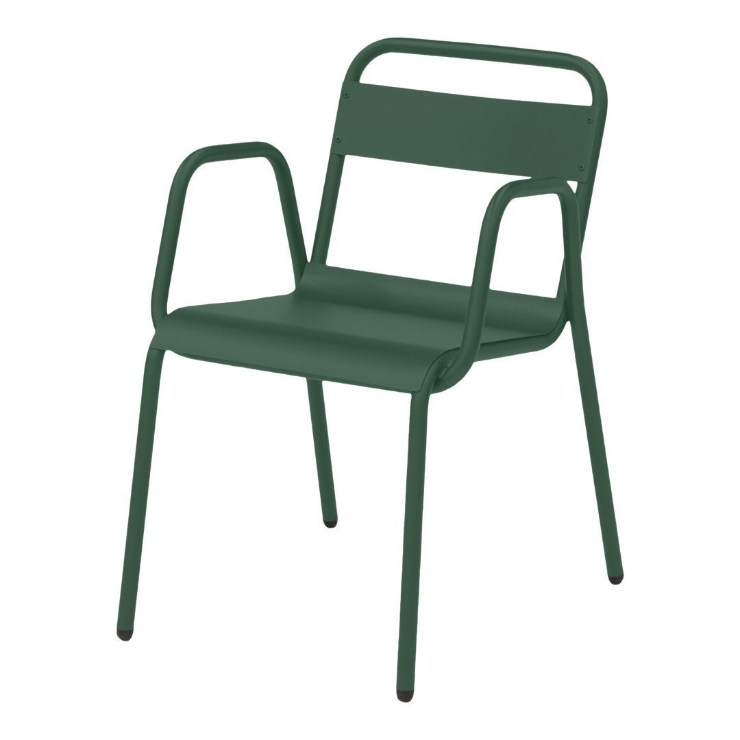 Green metal chair with a minimalist design and smooth finish, featuring simple lines and no visible patterns.