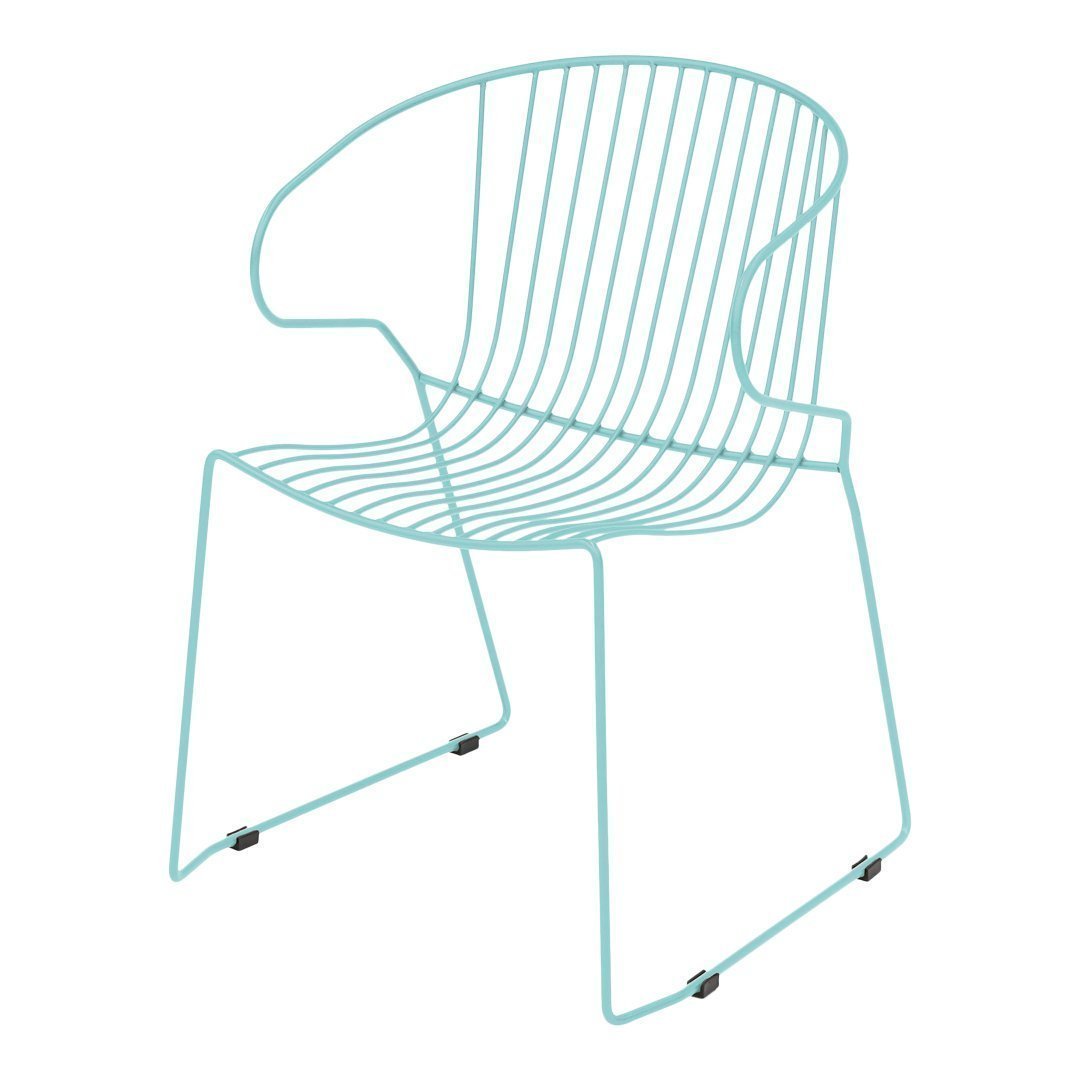 Light teal wire chair with a minimalist striped design and sleek, modern silhouette. Perfect for contemporary decor.