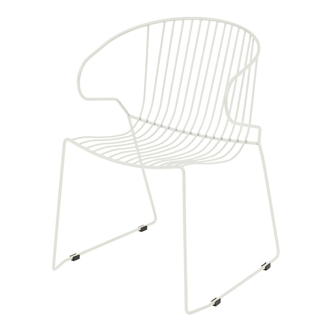 Stylish white wire chair with sleek linear design and modern geometric pattern for contemporary decor.