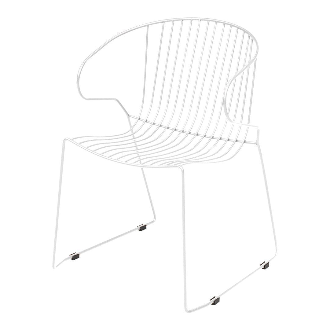 White wire chair with sleek, minimalist lines and open pattern, perfect for modern decor.