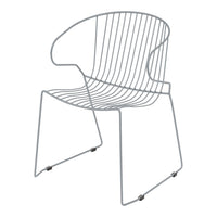 Gray wire chair with a modern, minimalist design featuring horizontal and vertical lines. Perfect for contemporary decor.