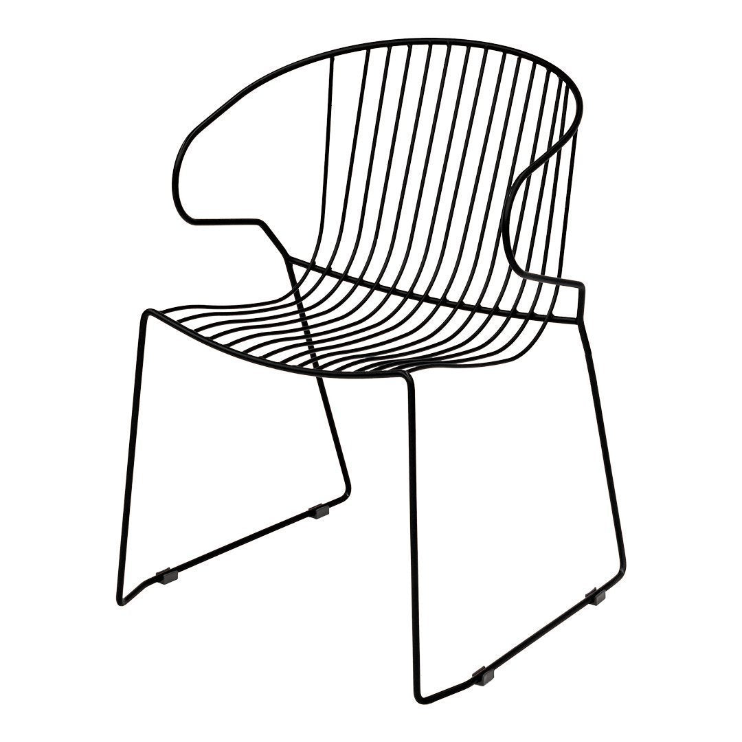 Black wire chair with sleek, modern lines and an open, minimalist design featuring horizontal and vertical patterns.
