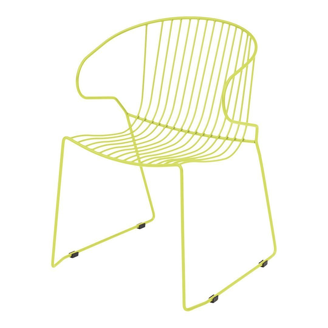 Lime green wire chair with a minimalist design and sleek striped pattern. Perfect for modern decor.