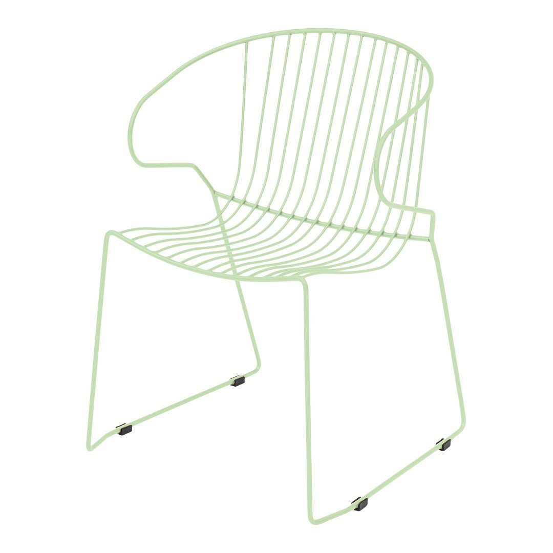 Light green wire chair with a modern, minimalist design and sleek vertical and horizontal line patterns.