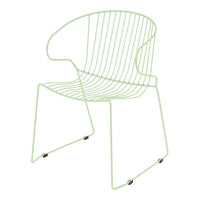 Light green wire chair with a modern, minimalist design and sleek vertical and horizontal line patterns.