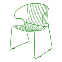 Green wire chair with sleek, modern lines and an open pattern, perfect for contemporary decor.