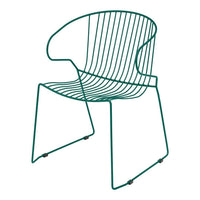 Green wire chair with a modern, minimalist design featuring sleek vertical lines and an open pattern.