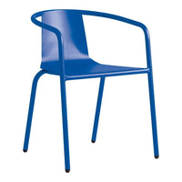 Bright blue metal chair with a minimalist design and smooth, modern lines. Perfect for contemporary decor.