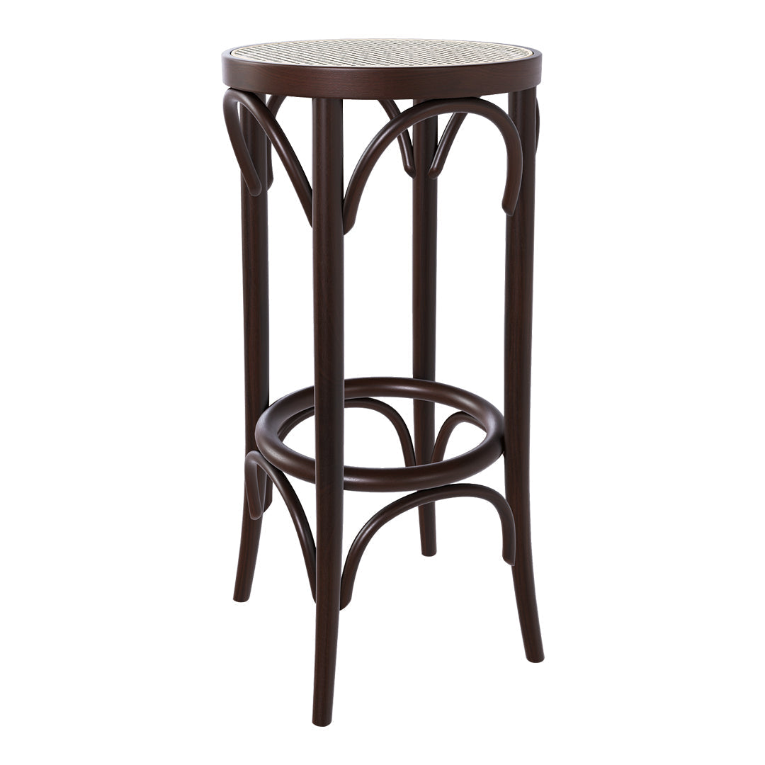 Brown metal bar stool with elegant curved design and round, patterned seat. Ideal for modern or vintage decor.