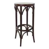 Brown metal bar stool with elegant curved design and round, patterned seat. Ideal for modern or vintage decor.