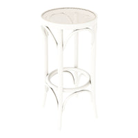 White cylindrical side table with intricate lattice pattern and elegant curves. Perfect for a modern decor.