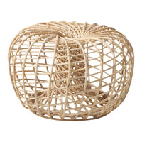 Natural woven rattan stool with an open, circular pattern in beige tones, perfect for bohemian decor.